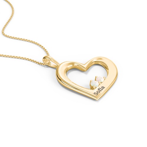 Engravable Tilted Heart 2 Stone Pendant – 18K Gold Plated Silver with Opal
