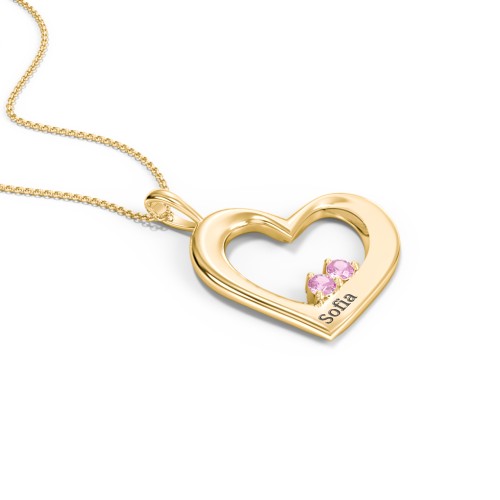 Engravable Tilted Heart 2 Stone Pendant – 18K Gold Plated Silver with Pink Sapphire