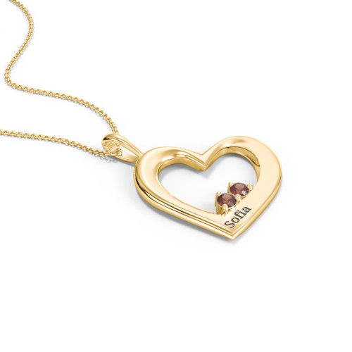 Engravable Tilted Heart 2 Stone Pendant – 9kt Yellow Gold with Garnet