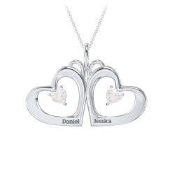 Gemini Touching Hearts Engraved 2 Stone Necklace in 925 Sterling Silver with Opal