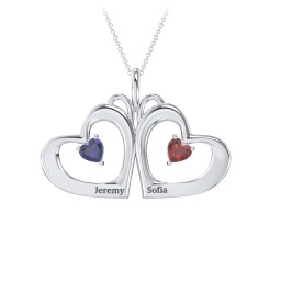 Gemini Touching Hearts Engraved 2 Stone Necklace in 925 Sterling Silver with Blue Sapphire and Garnet