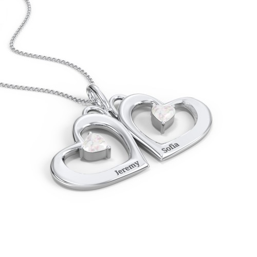 Gemini Touching Hearts Engraved 2 Stone Necklace – Sterling Silver with Opal