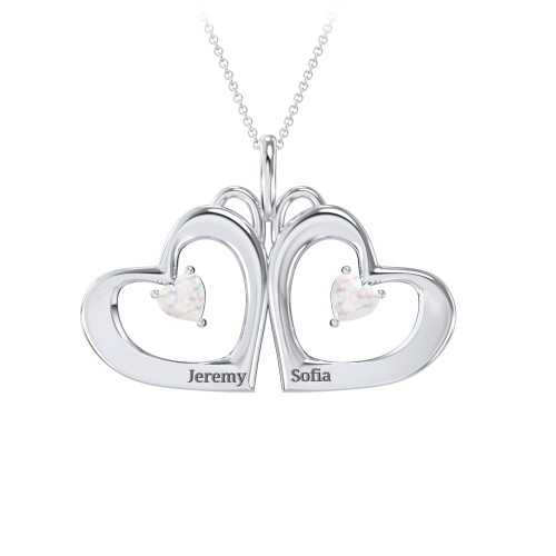 Gemini Touching Hearts Engraved 2 Stone Necklace – Sterling Silver with Opal