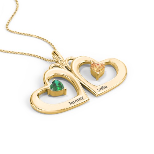 Gemini Touching Hearts Engraved 2 Stone Necklace – 9kt Yellow Gold with Emerald and Citrine