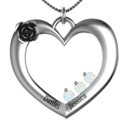 Corsage Rose Heart Pendant with Birthstones in 925 Sterling Silver with Opal, Amethyst, Blue Sapphire, Emerald, Ruby, and Cubic Zirconia