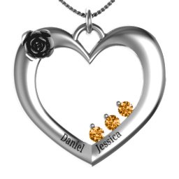 Corsage Rose Heart Pendant with Birthstones in 925 Sterling Silver with Citrine, Amethyst, Blue Sapphire, Emerald, Ruby, and Cubic Zirconia