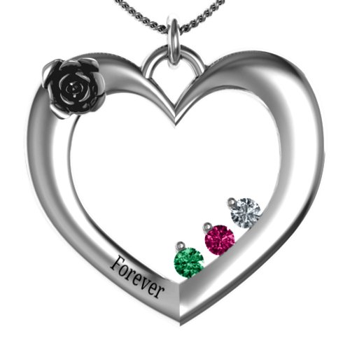Corsage Rose Heart Pendant with Birthstones – Sterling Silver with Emerald, Ruby, and Cubic Zirconia