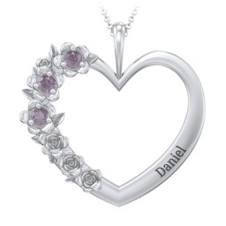 Clustered Rose and Gemstone Heart Pendant in 925 Sterling Silver with Alexandrite