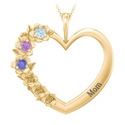 Clustered Rose and Gemstone Heart Pendant in 9K Solid Yellow Gold with Blue Topaz, Amethyst, and Blue Sapphire