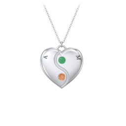 Engraved Yin Yang Heart Pendant with Birthstones in 925 Sterling Silver with Emerald and Orange Sapphire