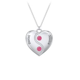 Engraved Yin Yang Heart Pendant with Birthstones in 925 Sterling Silver with Ruby