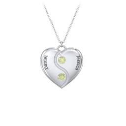 Engraved Yin Yang Heart Pendant with Birthstones in 925 Sterling Silver with Peridot