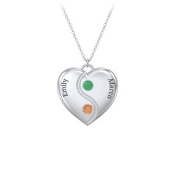 Engraved Yin Yang Heart Pendant with Birthstones in 925 Sterling Silver with Emerald and Orange Sapphire