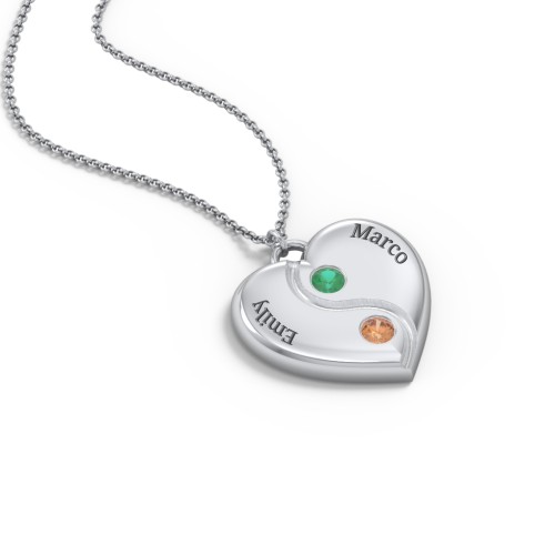 Engraved Yin Yang Heart Pendant with Birthstones – Sterling Silver with Emerald and Orange Sapphire