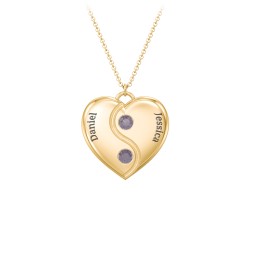 Engraved Yin Yang Heart Pendant with Birthstones in 9K Solid Yellow Gold with Alexandrite