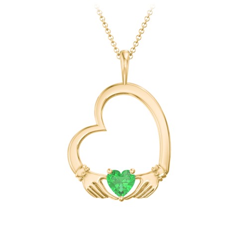 Tilted Heart Claddagh Pendant – 18K Gold Plated Silver with Emerald