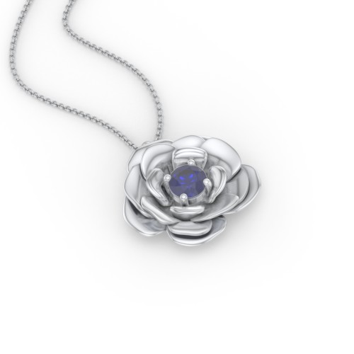 Flourishing Rose Pendant – Sterling Silver with Blue Sapphire