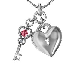 Treasured Heart with Key Pendant in 925 Sterling Silver with Red Premium Zirconia