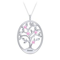 4-15 Stones Oval Family Tree Pendant in 925 Sterling Silver with Pink Sapphire, Citrine, Peridot, Blue Sapphire, Smokey Quartz, Garnet, and Ruby