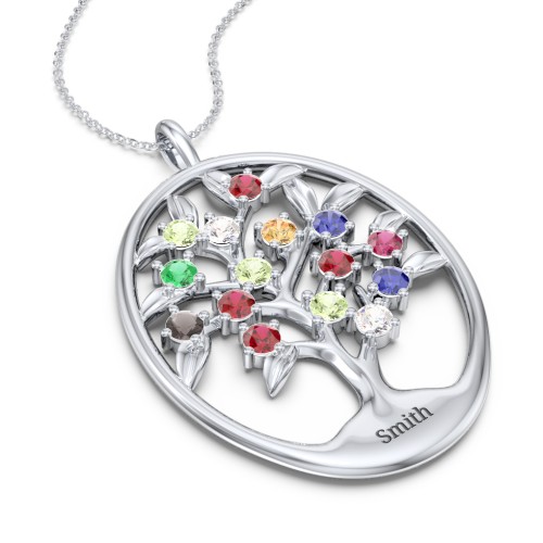4-15 Stones Oval Family Tree Pendant – Sterling Silver with Garnet, Peridot, Cubic Zirconia, Emerald, Citrine, Blue Sapphire, Smokey Quartz, and Ruby