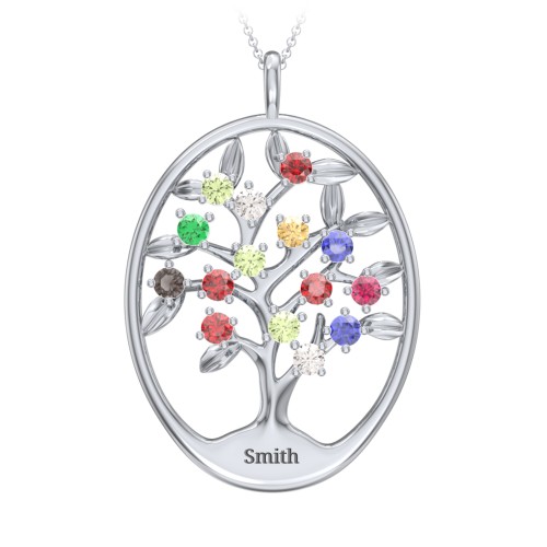4-15 Stones Oval Family Tree Pendant – Sterling Silver with Garnet, Peridot, Cubic Zirconia, Emerald, Citrine, Blue Sapphire, Smokey Quartz, and Ruby
