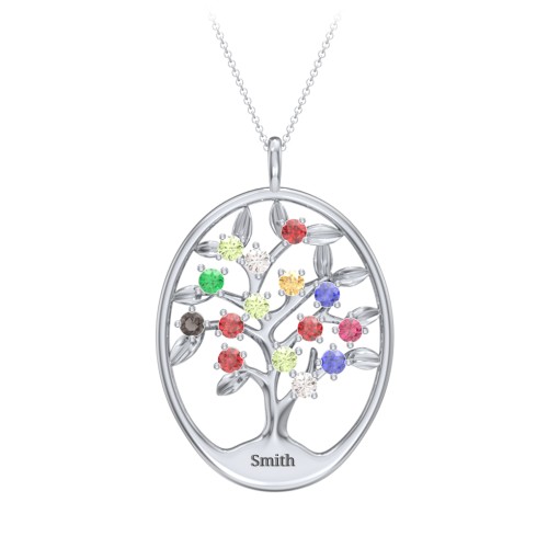 4-15 Stones Oval Family Tree Pendant – Sterling Silver with Garnet, Peridot, Cubic Zirconia, Emerald, Citrine, Blue Sapphire, Smokey Quartz, and Ruby