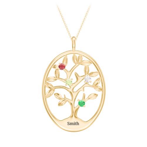 4-15 Stones Oval Family Tree Pendant – 9kt Yellow Gold with Garnet, Peridot, Cubic Zirconia, and Emerald