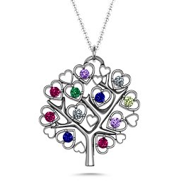 Heart Family Tree Pendant in 925 Sterling Silver with Amethyst, Cubic Zirconia, Ruby, Emerald, Blue Sapphire, and Peridot