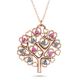 Heart Family Tree Pendant in 9K Solid Rose Gold with Pink Tourmaline and Cubic Zirconia