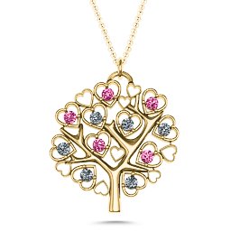 Heart Family Tree Pendant in 9K Solid Yellow Gold with Pink Tourmaline and Cubic Zirconia