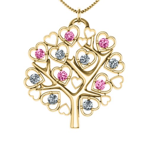 Heart Family Tree Pendant – 9kt Yellow Gold with Pink Tourmaline and Cubic Zirconia