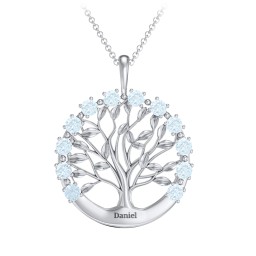 Circle of Life Family Tree Pendant in 925 Sterling Silver with Aquamarine
