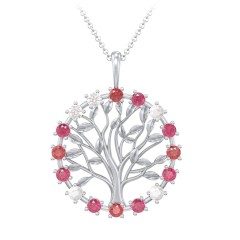 Halo Family Tree Pendant – Sterling Silver with Garnet, Ruby, Opal, and Cubic Zirconia