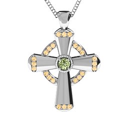 Celtic Cross Pendant in 925 Sterling Silver with Peridot and Fancy Yellow Premium Zirconia