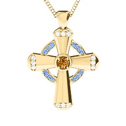 Celtic Cross Pendant in 9K Solid Yellow Gold with Citrine, Fancy Blue Premium Zirconia, and White Premium Zirconia