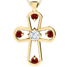 Flared Cross Pendant in 9K Solid Yellow Gold with Cubic Zirconia and Garnet