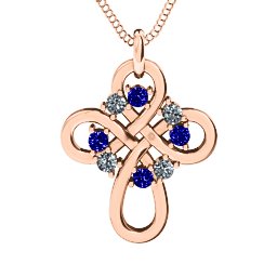 Contemporary Celtic Cross Pendant in 9K Solid Rose Gold with Blue Sapphire and Cubic Zirconia