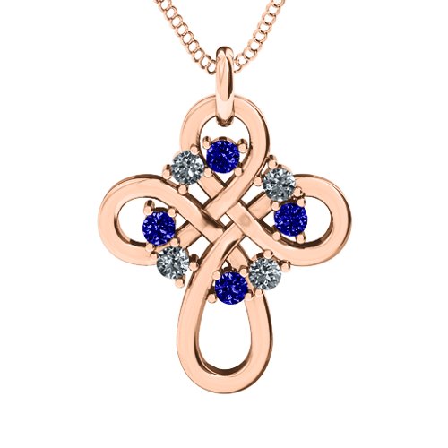 Contemporary Celtic Cross Pendant – 9kt Rose Gold with Blue Sapphire and Cubic Zirconia