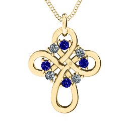 Contemporary Celtic Cross Pendant in 9K Solid Yellow Gold with Blue Sapphire and Cubic Zirconia