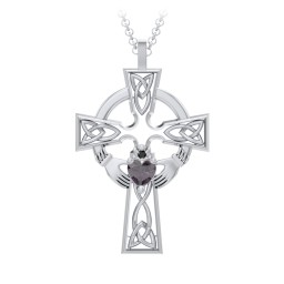 Claddagh Celtic Cross Pendant in 925 Sterling Silver with Alexandrite and Black Premium Zirconia