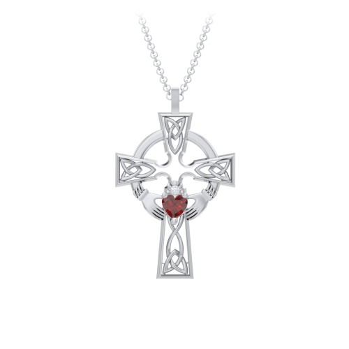 Claddagh Celtic Cross Pendant – Sterling Silver with Garnet and White Premium Zirconia