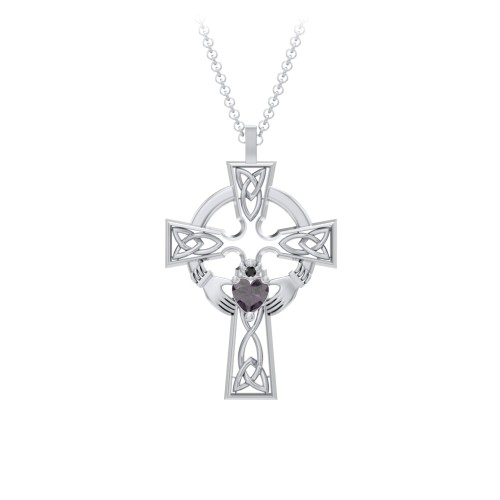 Claddagh Celtic Cross Pendant – Sterling Silver with Alexandrite and Black Premium Zirconia