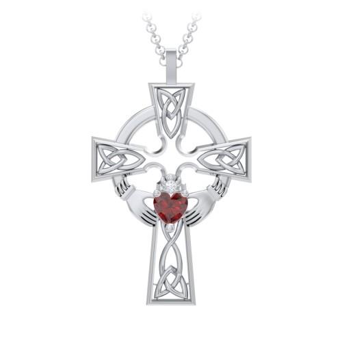 Claddagh Celtic Cross Pendant – Sterling Silver with Garnet and White Premium Zirconia