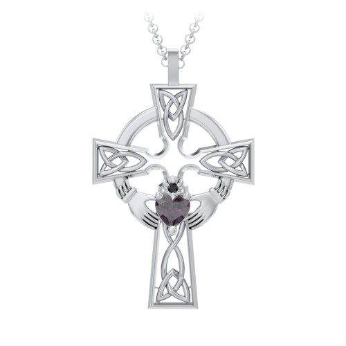 Claddagh Celtic Cross Pendant – Sterling Silver with Alexandrite and Black Premium Zirconia