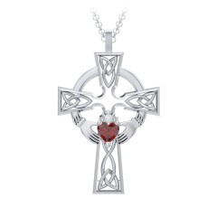 Claddagh Celtic Cross Pendant – 9kt Yellow Gold with Garnet and White Premium Zirconia