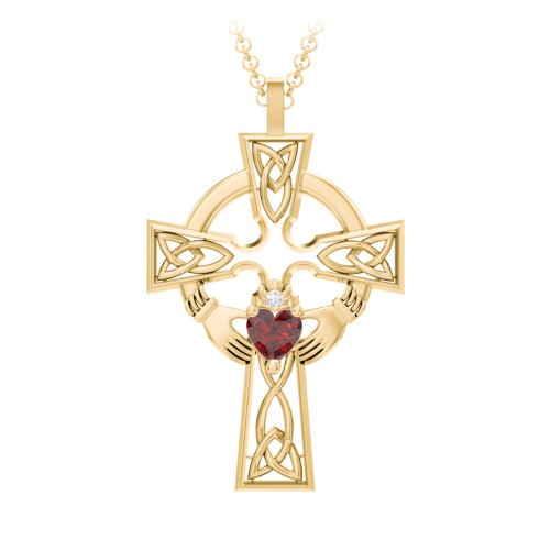 Claddagh Celtic Cross Pendant – 9kt Yellow Gold with Garnet and White Premium Zirconia