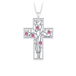 3 - 10 Stone Family Tree Cross Pendant in 925 Sterling Silver with Ruby, Amethyst, Aquamarine, Emerald, S04CZIR, and Fancy Brown Premium Zirconia