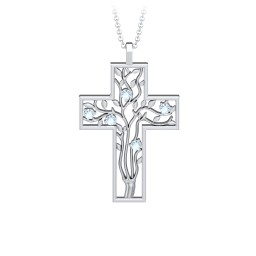 3 - 10 Stone Family Tree Cross Pendant in 925 Sterling Silver with Blue Topaz, Amethyst, Aquamarine, Emerald, S04CZIR, and Fancy Brown Premium Zirconia