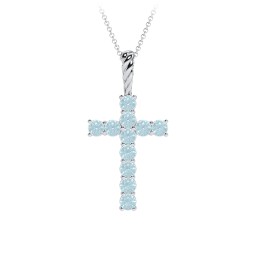 Classic Encrusted 2.5mm Round Cross Pendant in 925 Sterling Silver with Blue Topaz