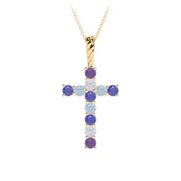 Classic Encrusted 2.5mm Round Cross Pendant in 9K Solid Yellow Gold with Amethyst, Lavender Premium Zirconia, Blue Sapphire, and Blue Topaz